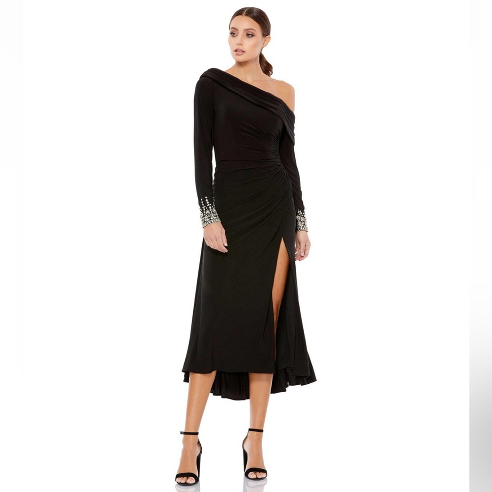Mac Duggal Women's leena Foldover Long Sleeve Jeweled Midi Dress